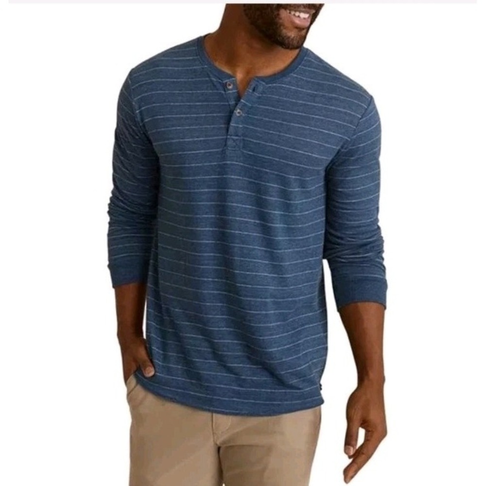 Marine Layer Double Knit Dark Stripe Henley Navy White Men's M/L LS Tee